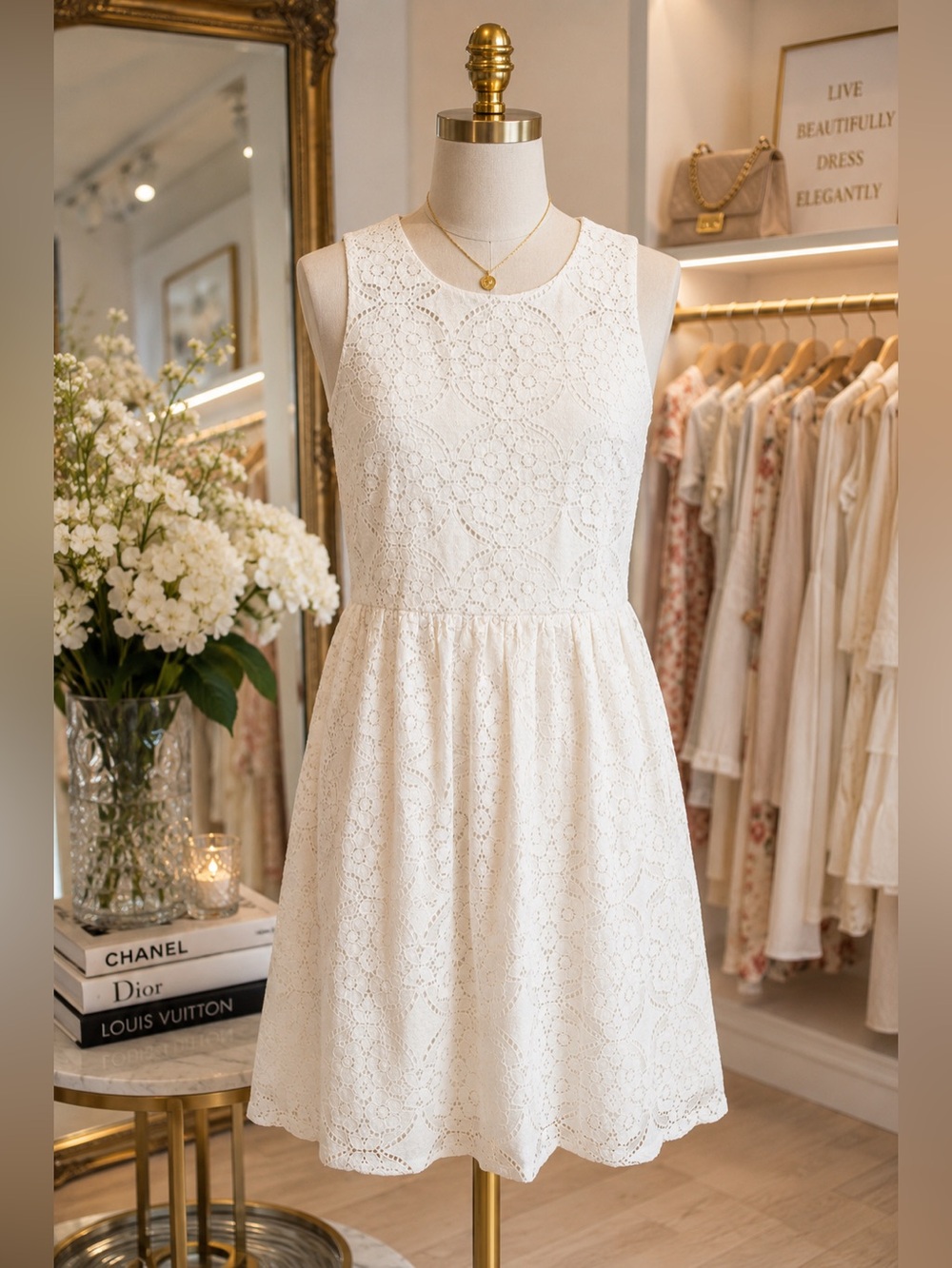 LOFT Ivory Lace Fit & Flare Dress Size 10 Sleeveless Romantic Bridal - Picture 2 of 9